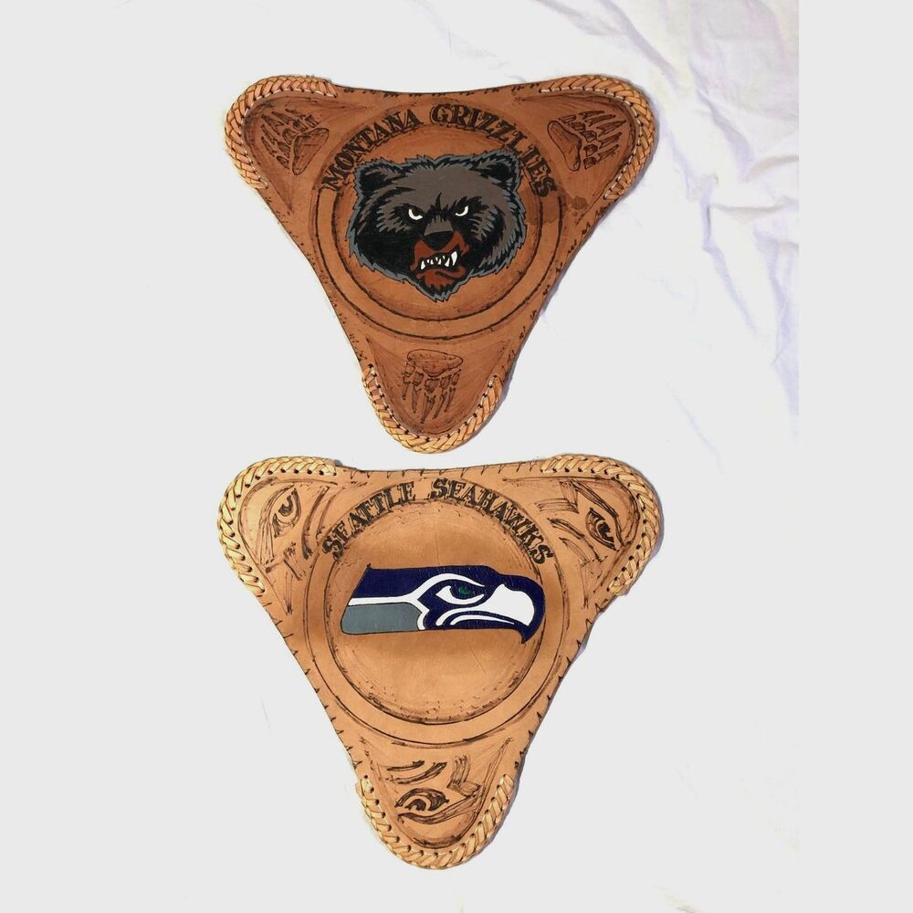 Vtg Mexico Hand Tooled Leather Tripod Stool Seat Cover NCAA Montana NFL Seahawks